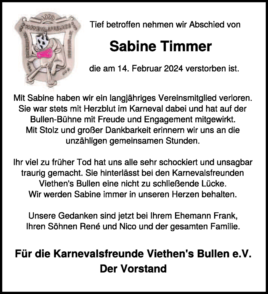  Traueranzeige für Sabine Timmer vom 16.03.2024 aus NNA