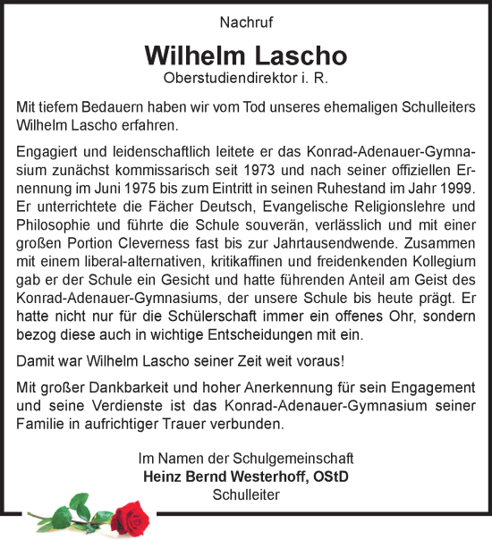 Traueranzeige von Wilhelm Lascho von NNA