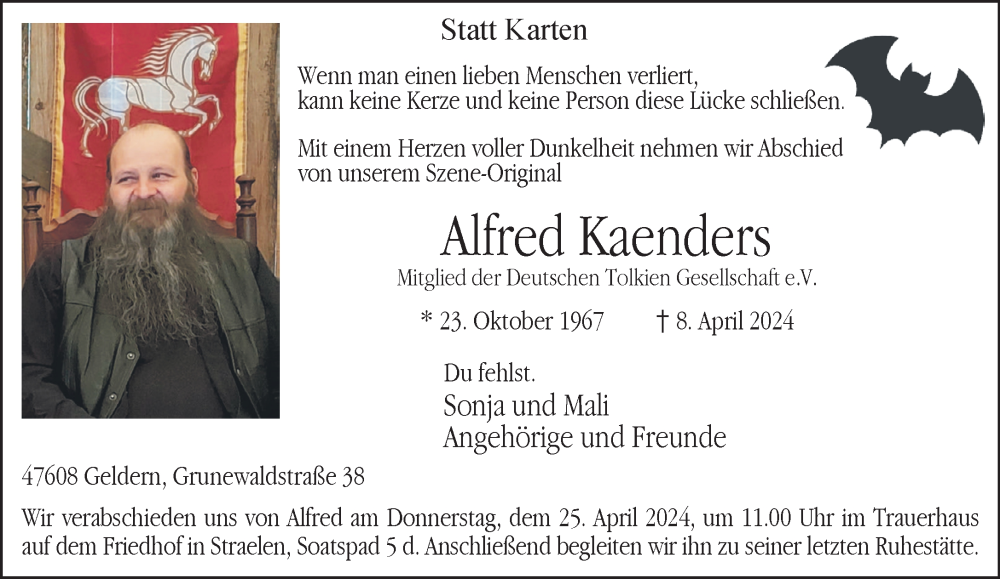  Traueranzeige für Alfred Kaenders vom 20.04.2024 aus NNA