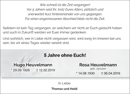 Traueranzeige von Hugo und Rosa Heuvelmann von NNA