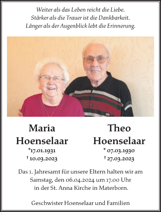 Traueranzeige von Maria und Theo Hoenselaar von NNA