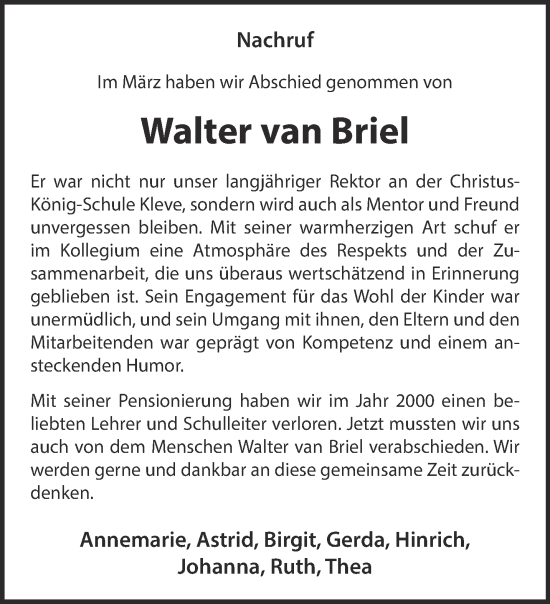 Traueranzeige von Walter van Briel von NNA