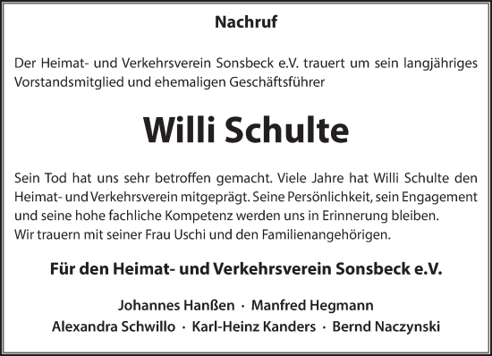 Traueranzeige von Willi Schulte von NNA