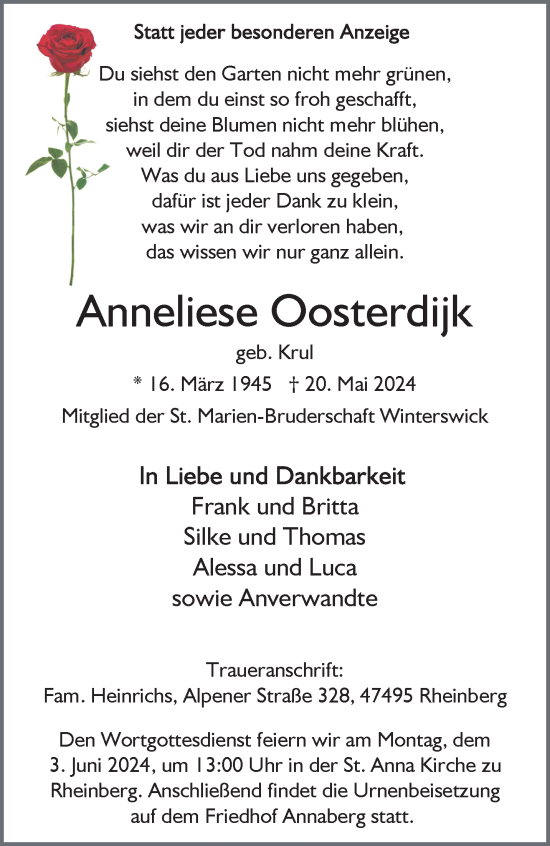 Traueranzeige von Anneliese Oosterdijk von NNA