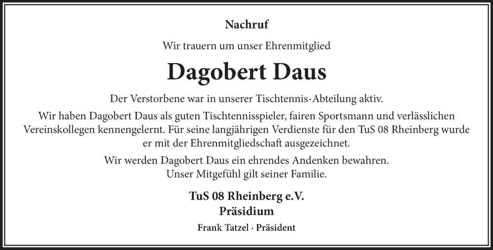  Traueranzeige für Dagobert Daus vom 08.05.2024 aus NNA