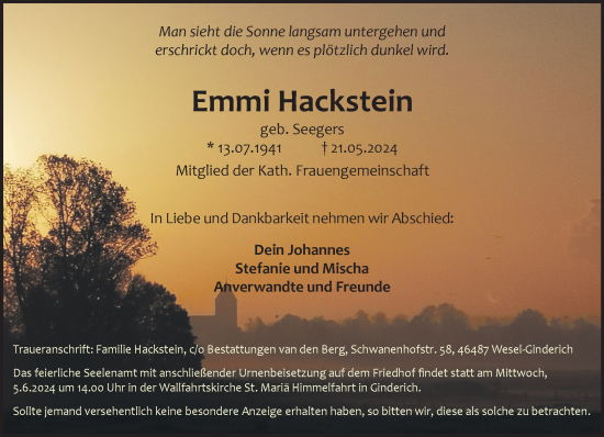 Traueranzeige von Emmi Hackstein von NNA