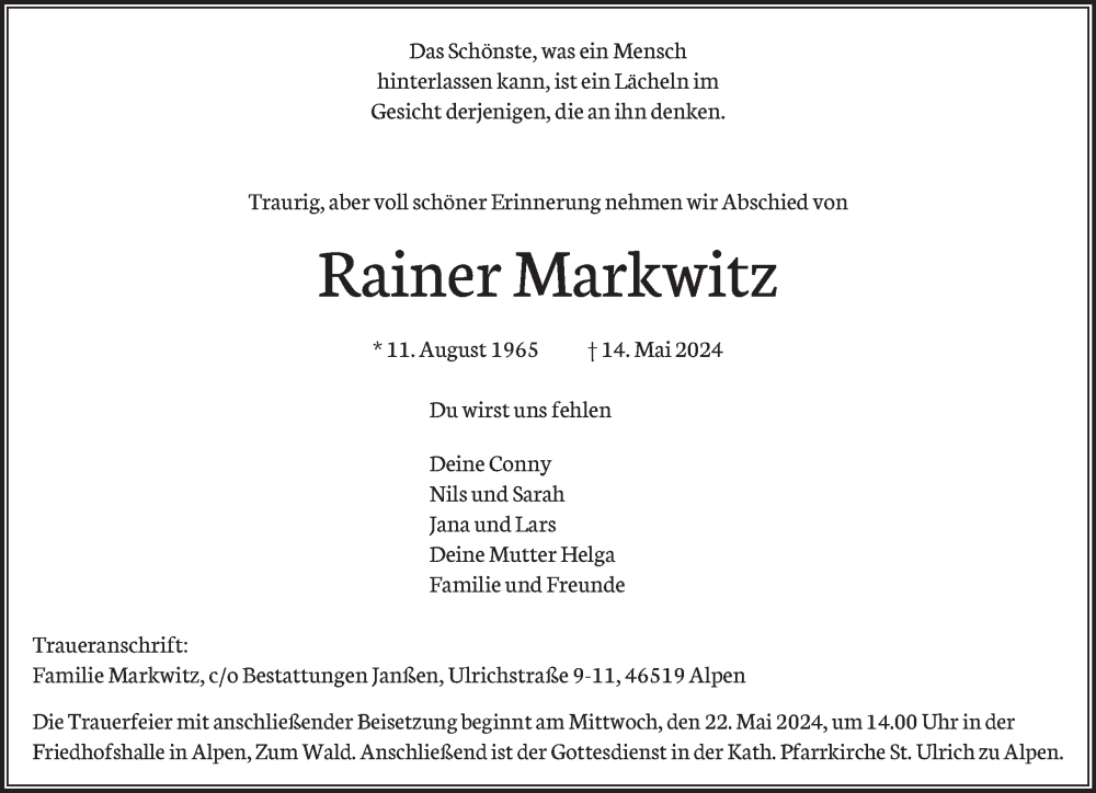  Traueranzeige für Rainer Markwitz vom 18.05.2024 aus NNA