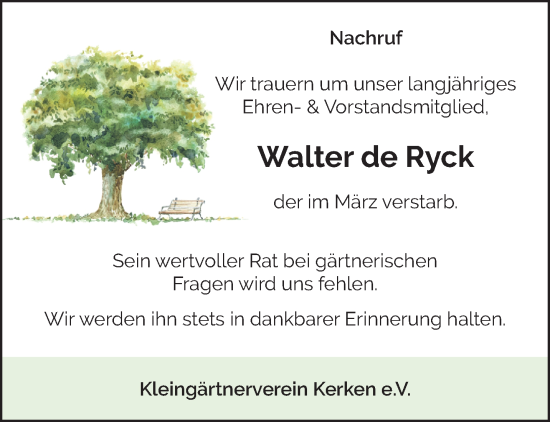 Traueranzeige von Walter de Ryck von NNA