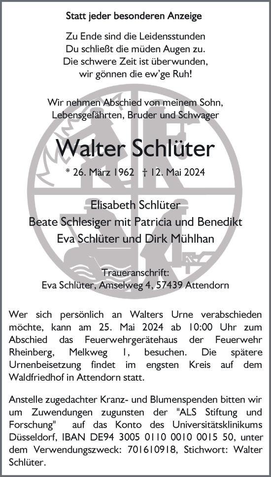 Traueranzeige von Walter Schlüter von NNA