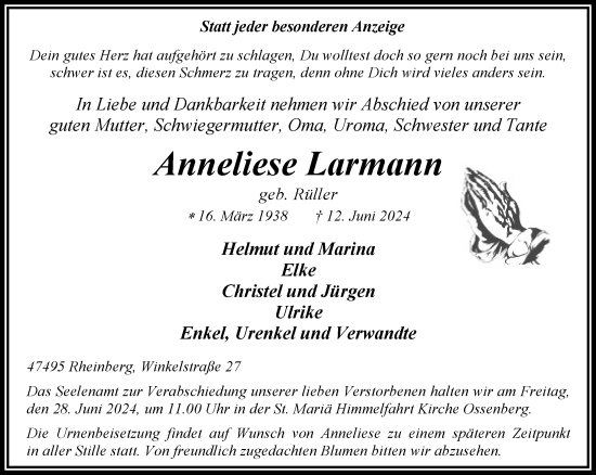 Traueranzeige von Anneliese Larmann von NNA