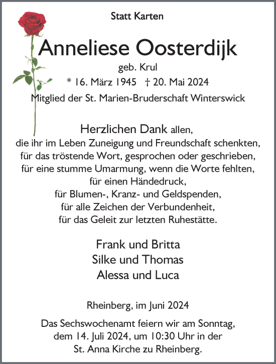 Traueranzeige von Anneliese Oosterdijk von NNA