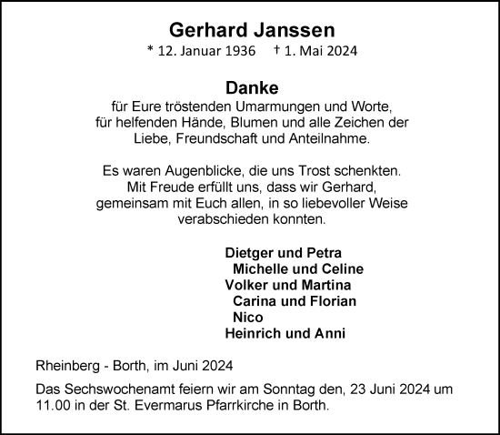 Traueranzeige von Gerhard Janssen von NNA