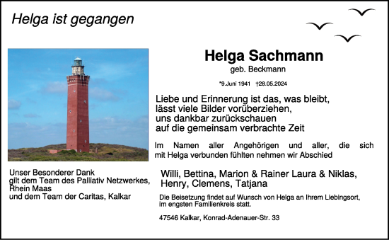 Traueranzeige von Helga Sachmann von NNA