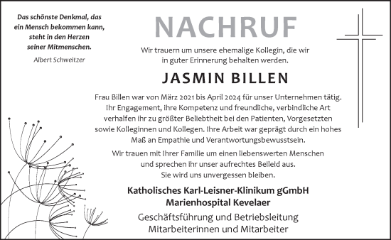 Traueranzeige von Jasmin Billen von NNA