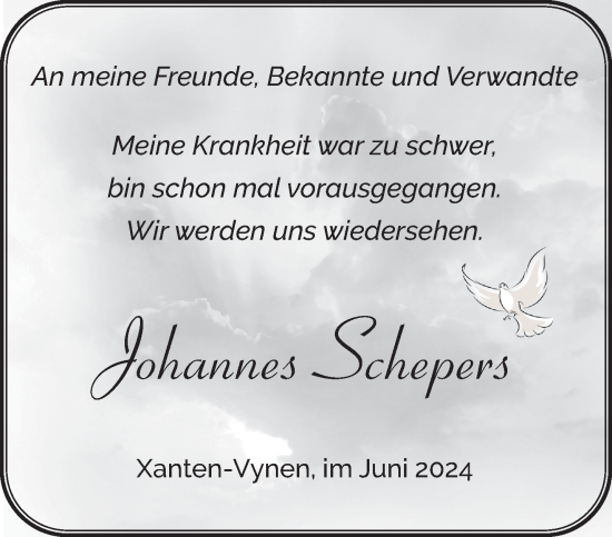 Traueranzeige von Johannes Schepers von NNA