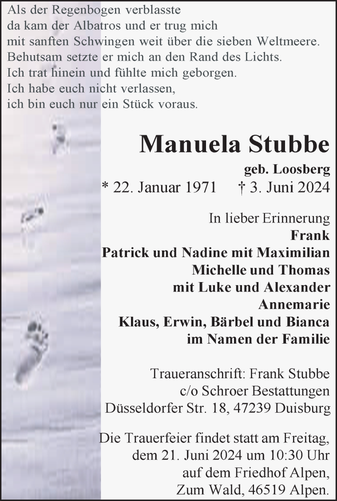  Traueranzeige für Manuela Stubbe vom 08.06.2024 aus NNA