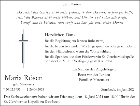 Traueranzeige von Maria Rösen von NNA