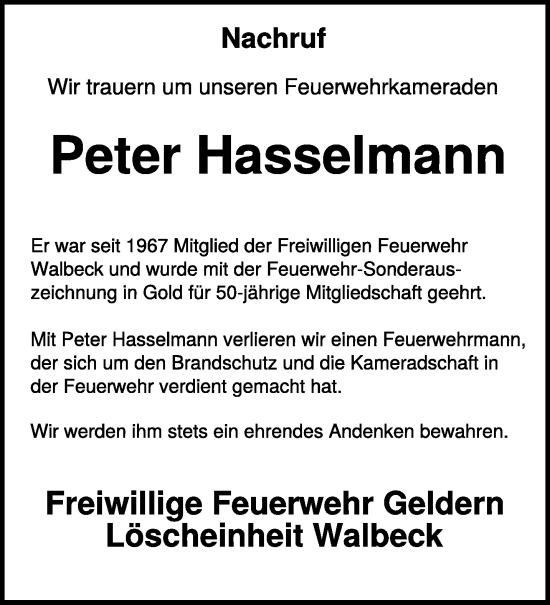 Traueranzeige von Peter Hasselmann von NNA