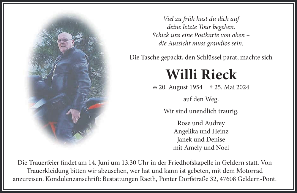  Traueranzeige für Willi Rieck vom 08.06.2024 aus NNA