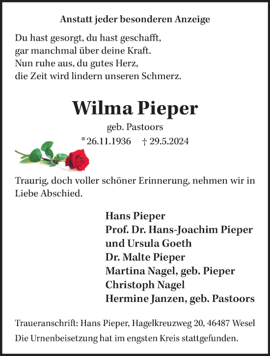 Traueranzeige von Wilma Pieper von NNA