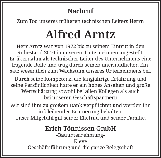 Traueranzeige von Alfred Arntz von NNA