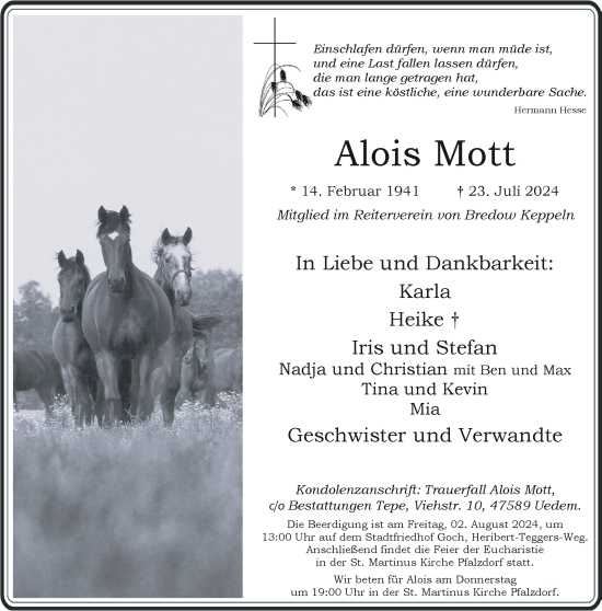 Traueranzeige von Alois Mott von NNA