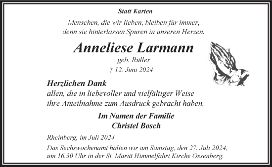 Traueranzeige von Anneliese Larmann von NNA