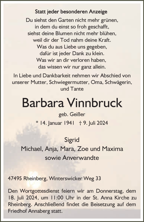 Traueranzeige von Barbara Vinnbruck von NNA