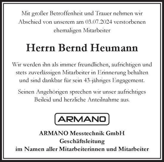 Traueranzeige von Bernd Heumann von NNA