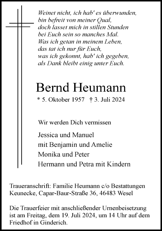 Traueranzeige von Bernd Heumann von NNA