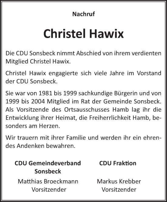 Traueranzeige von Christel Hawix von NNA