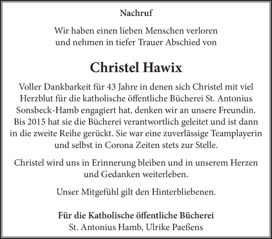 Traueranzeige von Christel Hawix von NNA