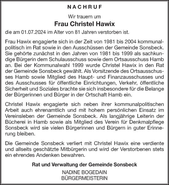 Traueranzeige von Christel Hawix von NNA