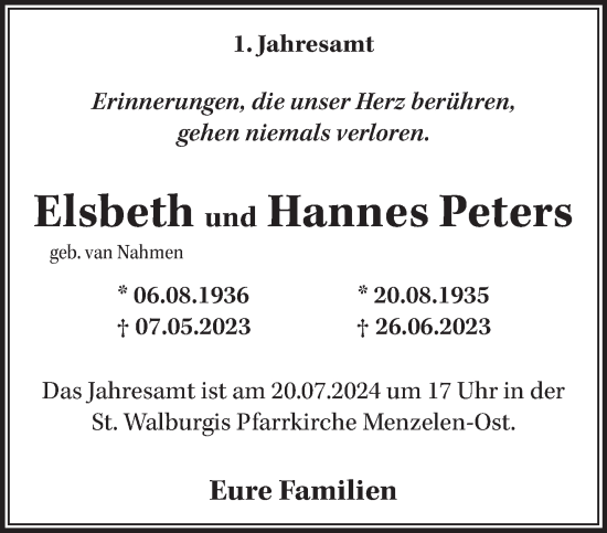 Traueranzeige von Elsbeth und Hannes  Peters von NNA