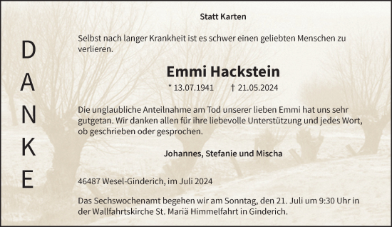 Traueranzeige von Emmi Hackstein von NNA