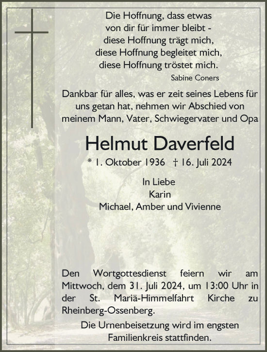 Traueranzeige von Helmut Daverfeld von NNA