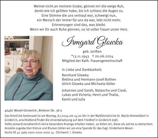 Traueranzeige von Irmgard Glowka von NNA