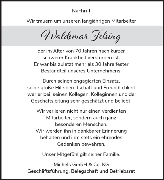 Traueranzeige von Waldemar Felsing von NNA