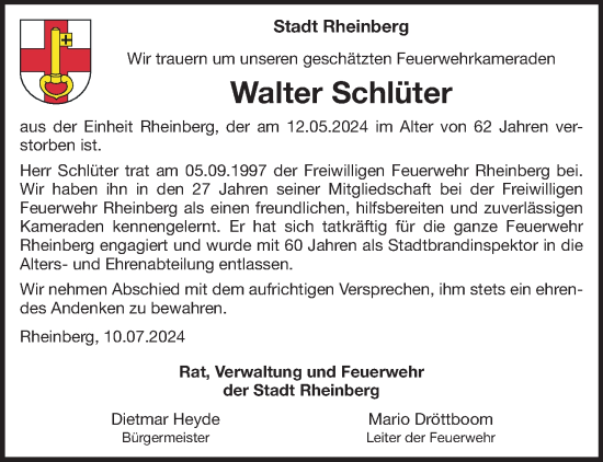 Traueranzeige von Walter Schlüter von NNA