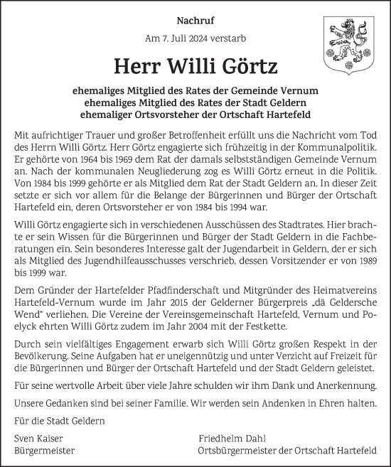 Traueranzeige von Willi Görtz von NNA