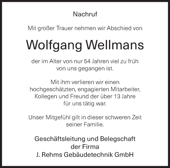 Traueranzeige von Wolfgang Wellmans von NNA