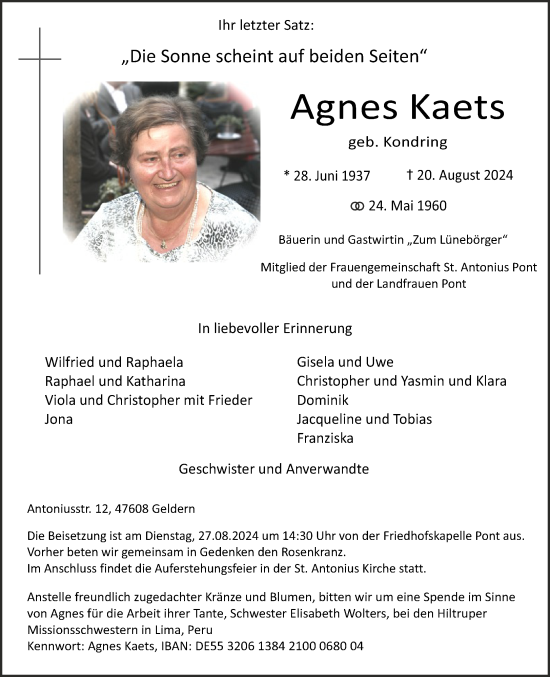 Traueranzeige von Agnes Kaets von NNA