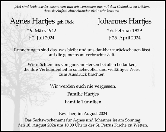 Traueranzeige von Agnes und Johannes Hartjes von NNA