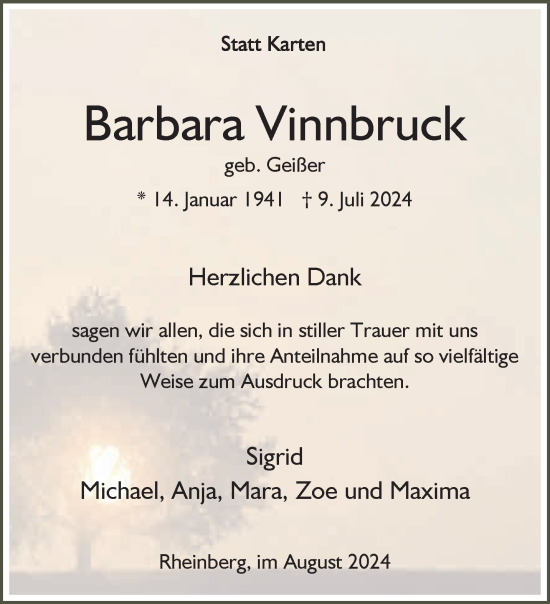 Traueranzeige von Barbara Vinnbruck von NNA