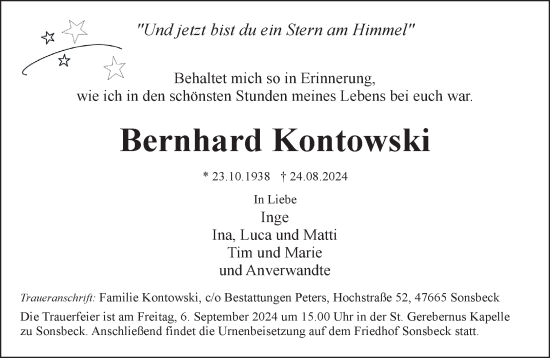 Traueranzeige von Bernhard Kontowski von NNA