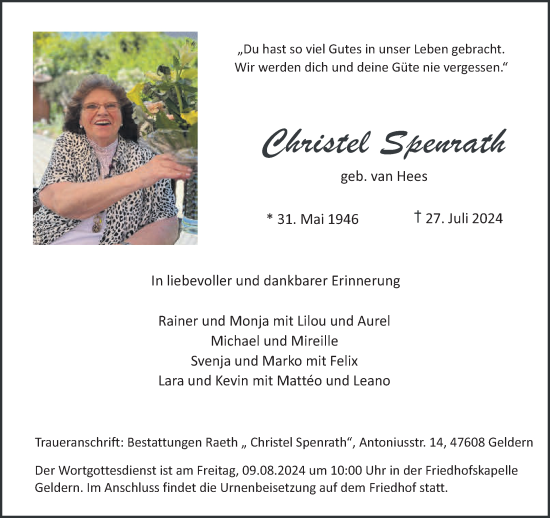 Traueranzeige von Christel Spenrath von NNA