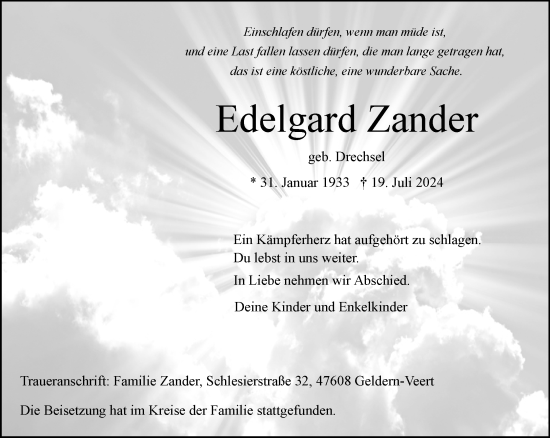 Traueranzeige von Edelgard Zander von NNA