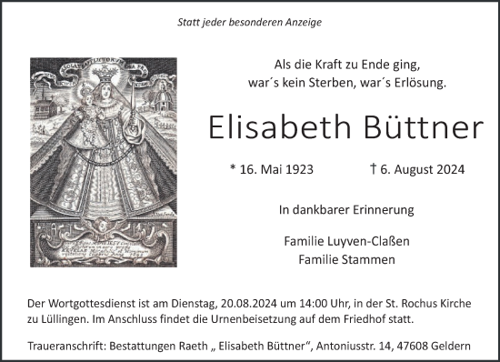 Traueranzeige von Elisabeth Büttner von NNA