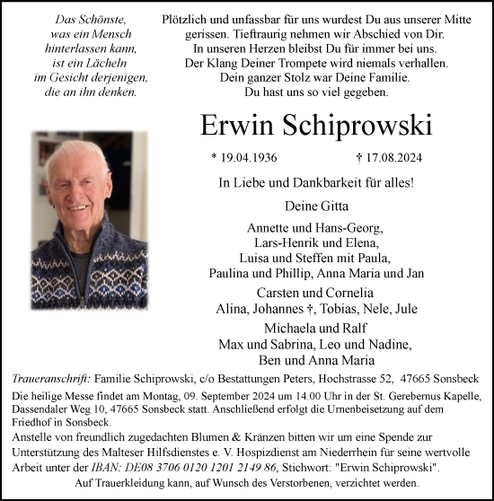 Traueranzeige von Erwin Schiprowski von NNA