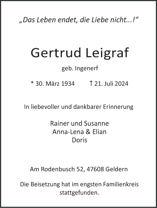 Traueranzeige von Gertrud Leigraf von NNA